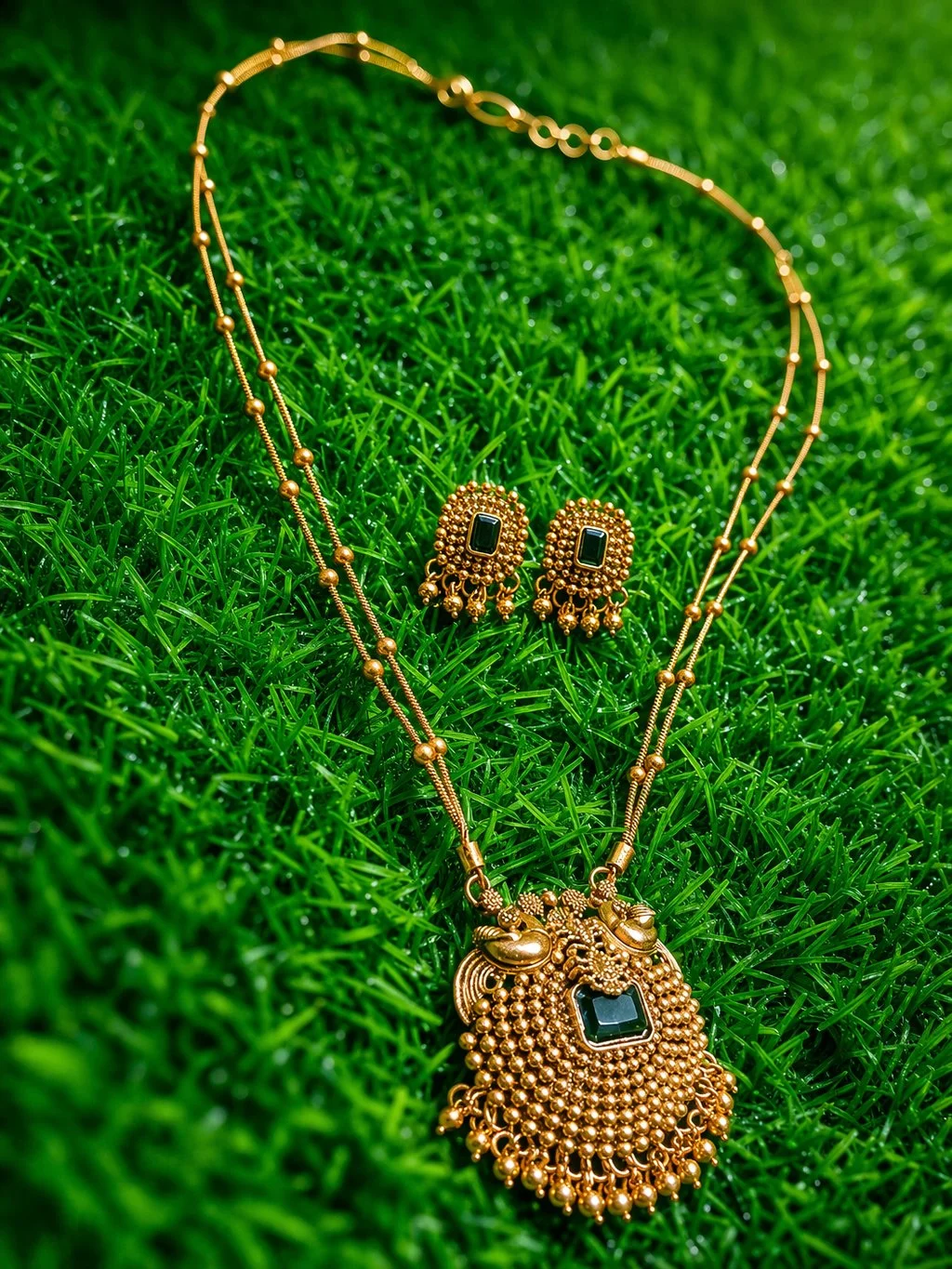 Best Quality Gold Toned Temple Design Necklace Earrings Set with Blue Stone thumbnail 5