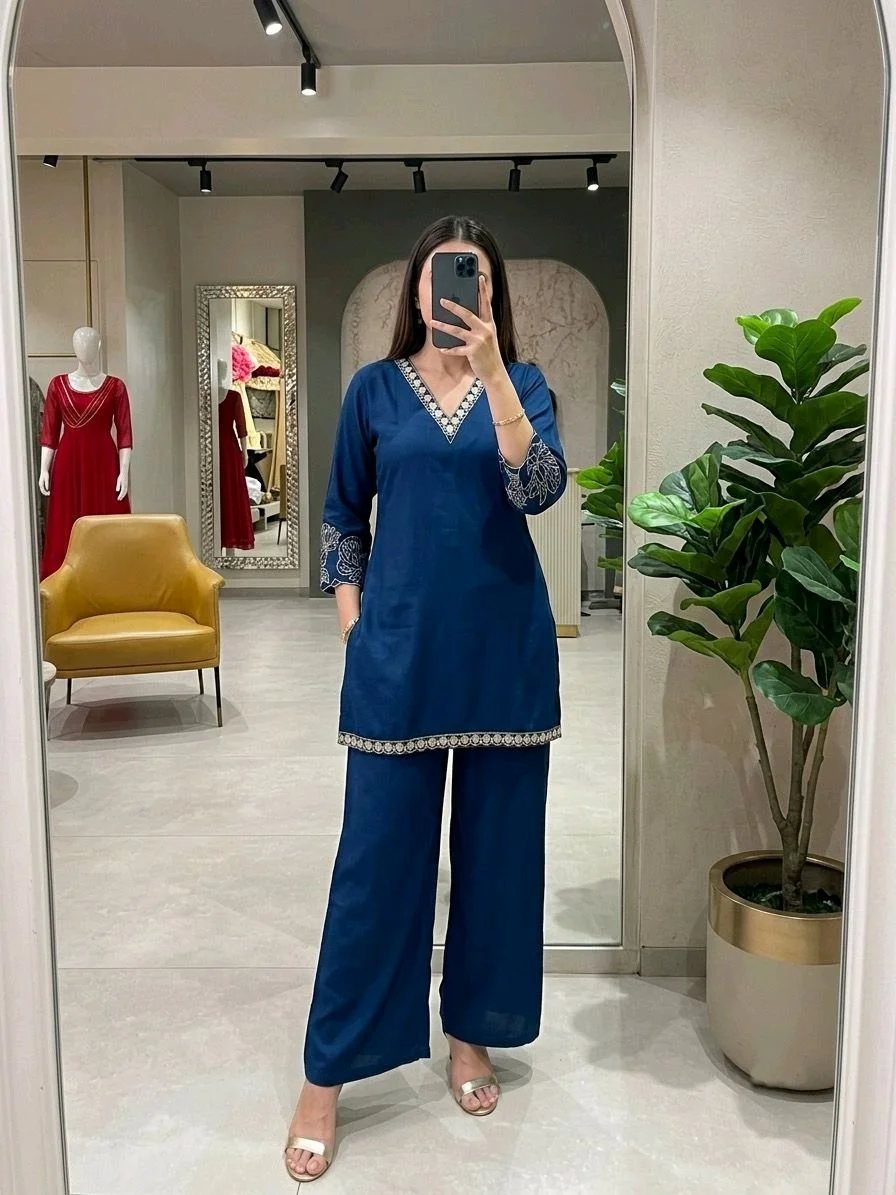 Embroidered V Neck Solid Co-ord Sets 7