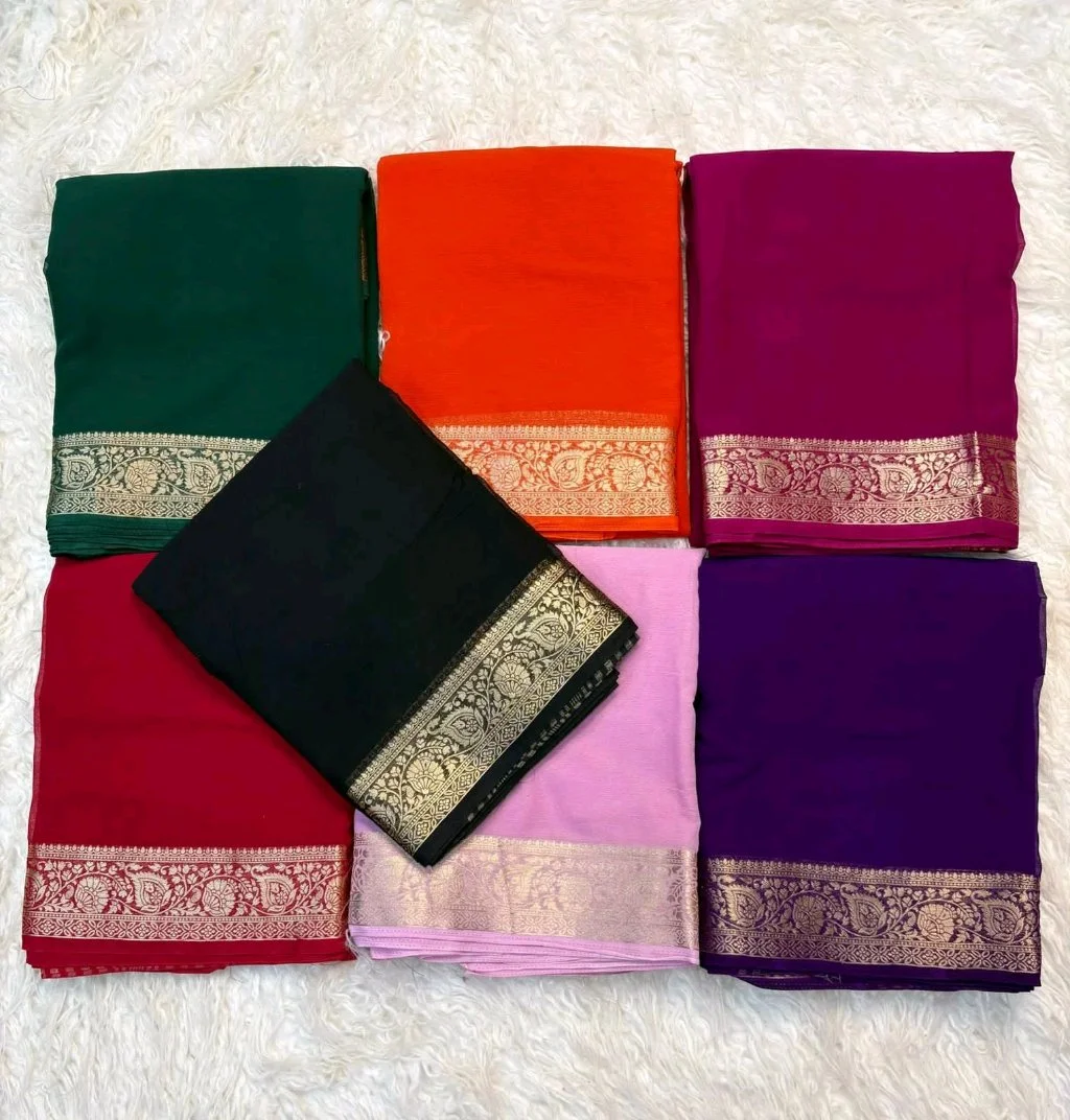 Viscose Crepe Georgette Saree with Gold Zari Border and Striped Pallu 8