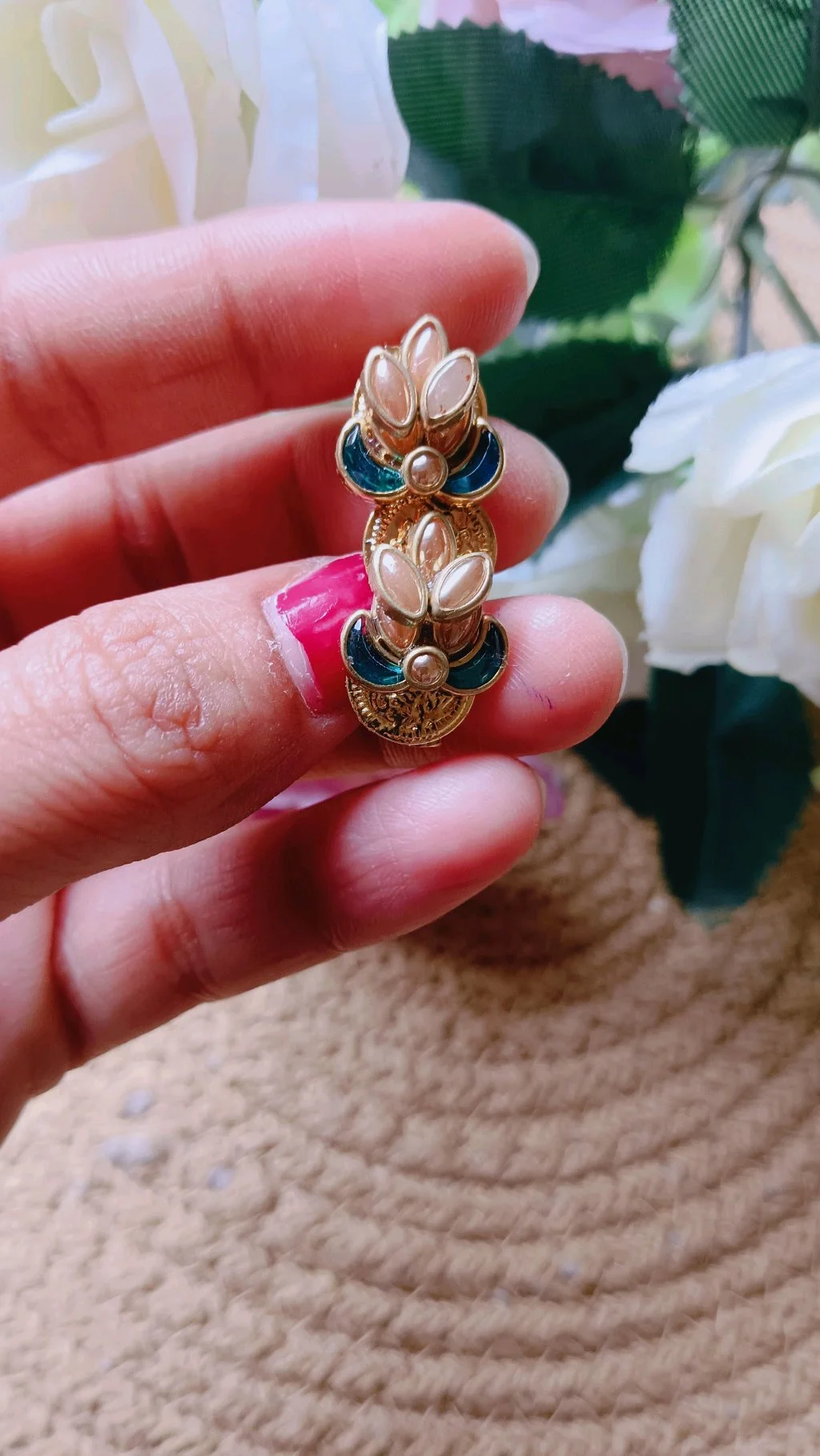 Gold Tone Floral Saree Brooch Pin with Peach and Teal Enamel