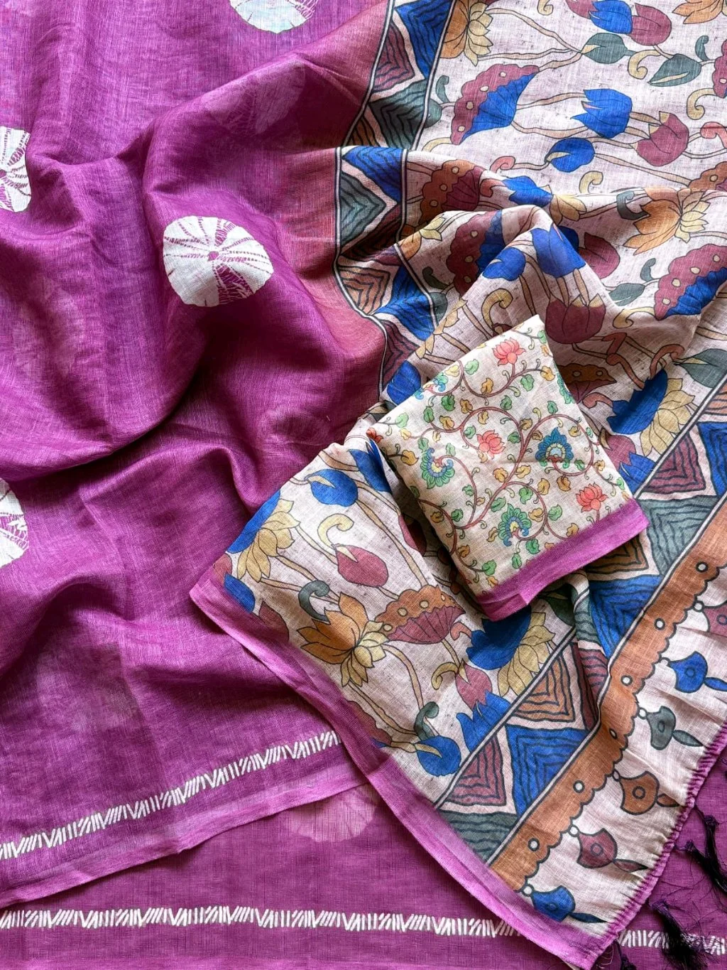 Cotton Lenin Saree with Shibori Print and Floral Blouse 8