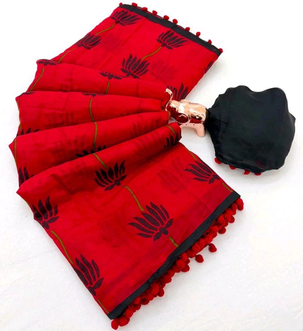Yellow and Red Printed Saree with Pom Poms 4