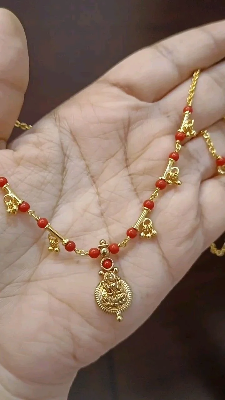 Gold Plated Red Bead Chain with Lakshmi Pendant thumbnail 1