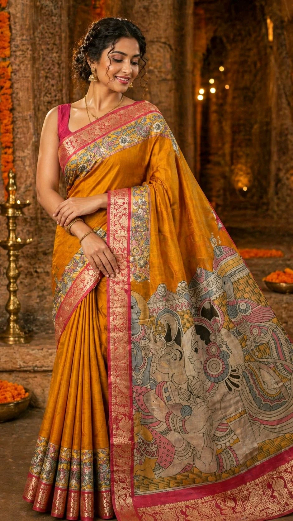 Mangalagiri Kalamkaari Mustard Yellow Saree 1