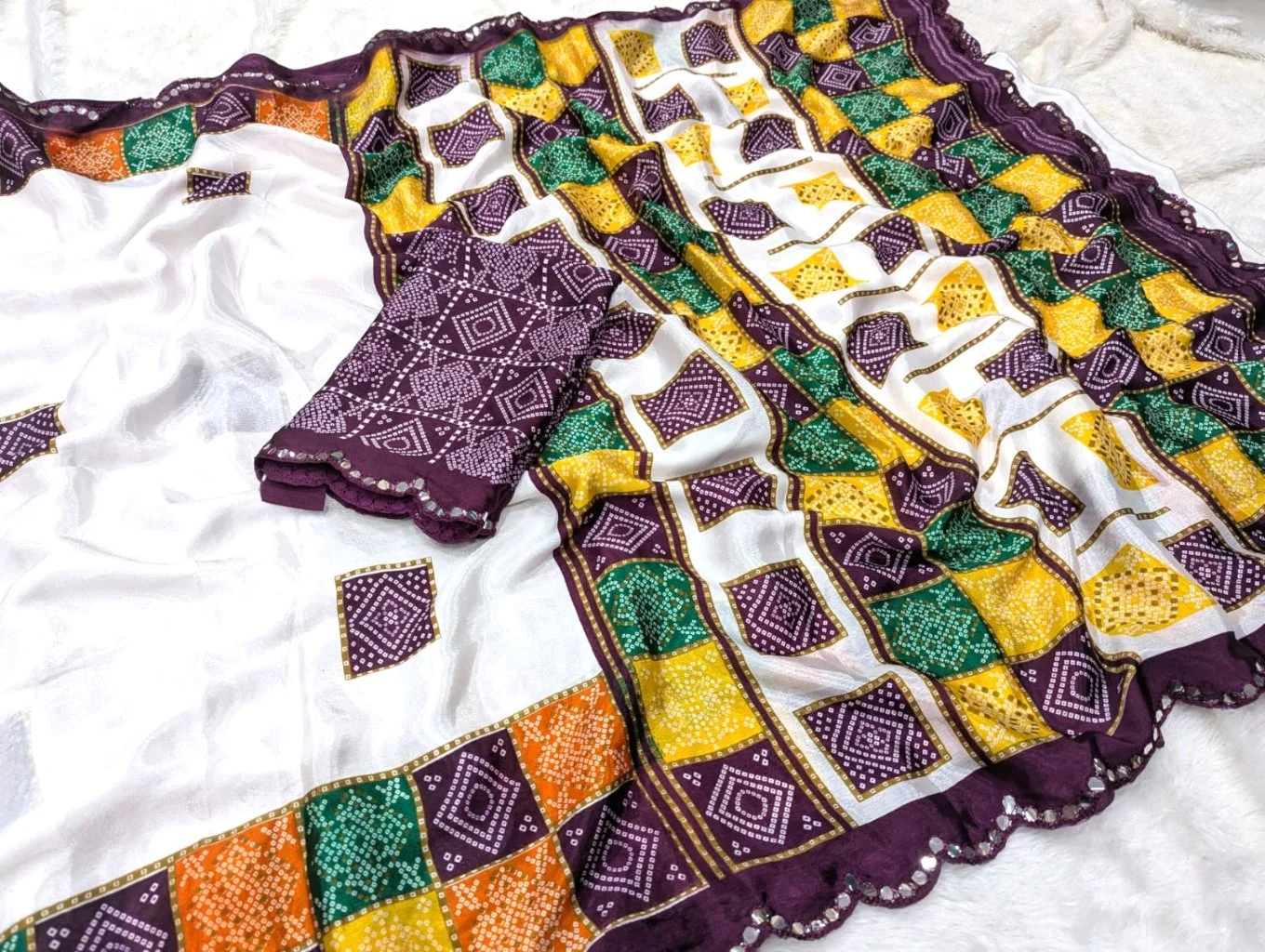 Turkey Silk Saree With Bandhani Print Material with Mirror Work thumbnail 10
