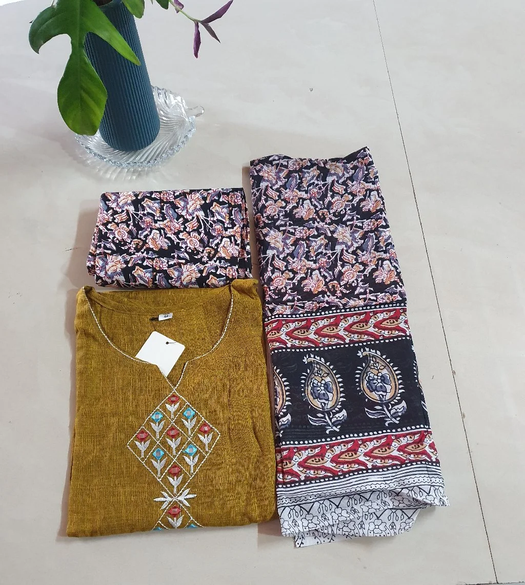 Mustard Yellow Embroidered Kurti with Block Print Dress Material Set