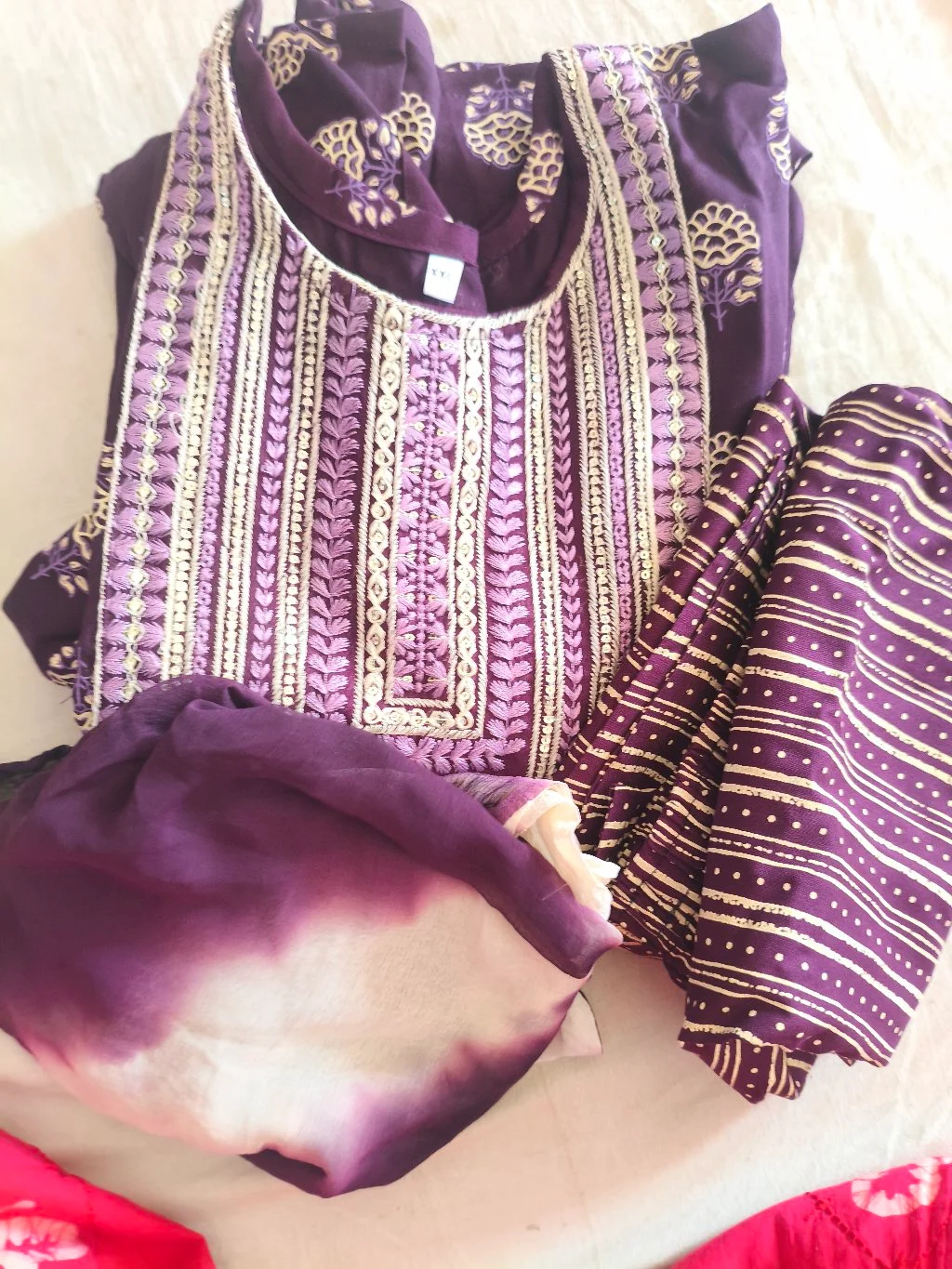 Purple Embroidered Kurta Set with Printed Pants and Dupatta 1