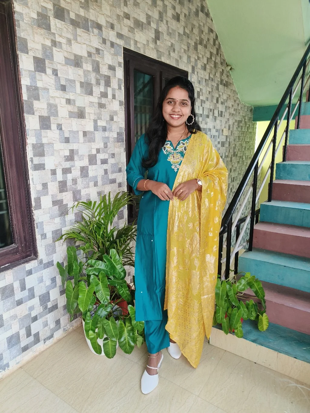 Teal Embroidered Kurta Set with Yellow Dupatta 1