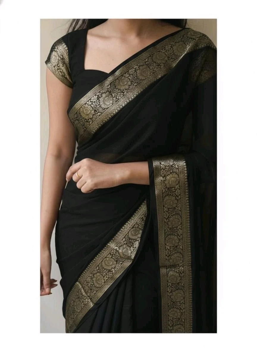 Viscose Crepe Georgette Saree with Golden Zari Border thumbnail 2