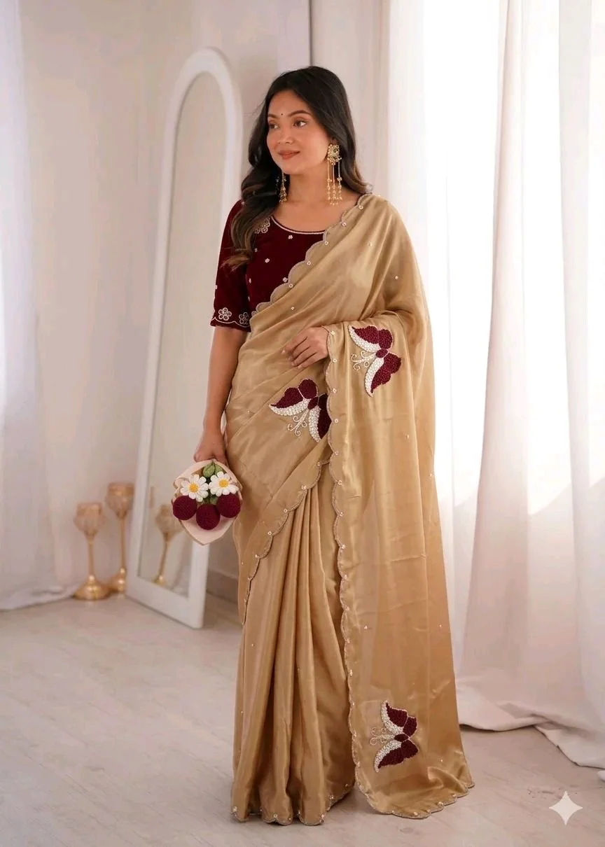 Maroon Velvet Saree with Beige Bottom and Floral Embroidery 5