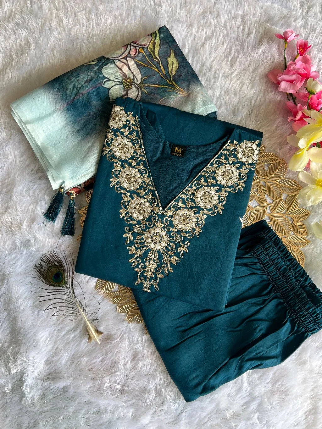 Peacock Blue Embroidered Kurti Set with Floral Dupatta 2