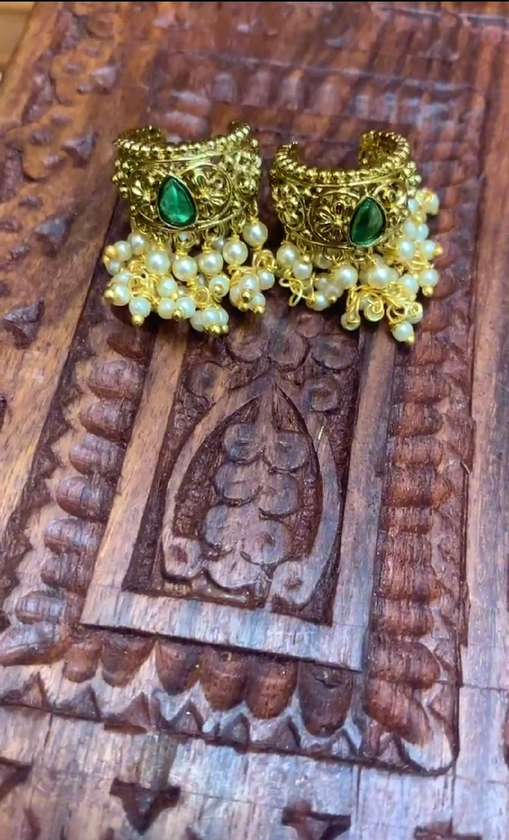 Gold Plated Green Stone Pearl Cluster Earrings thumbnail 1