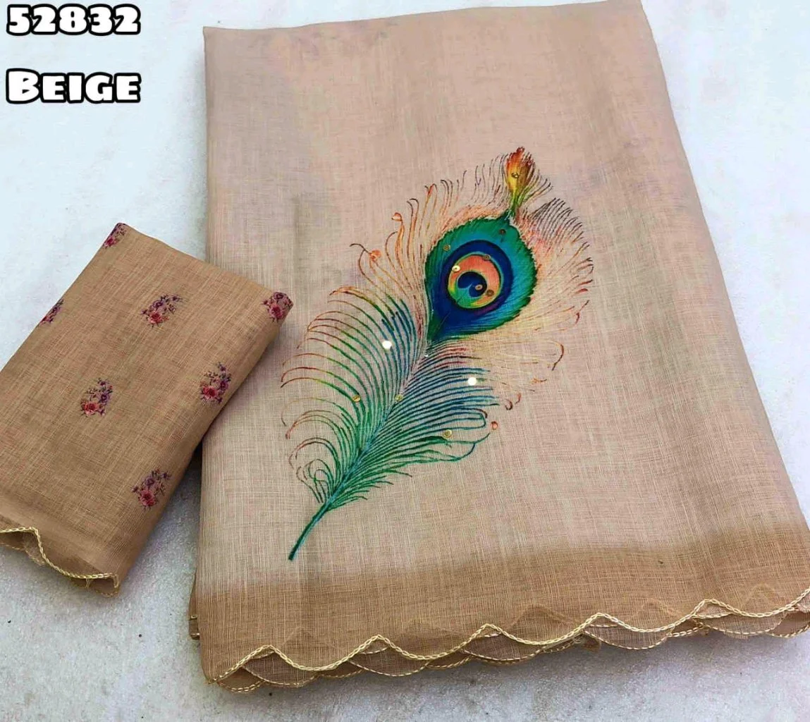 Soft Lenin With Peacock Feather Embroidered Saree with Floral Blouse thumbnail 2