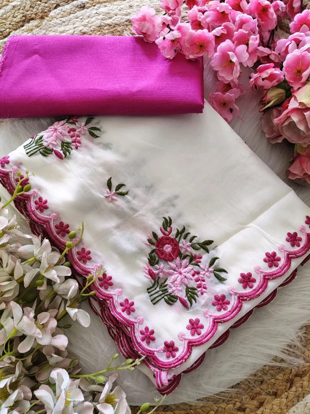 White Embroidered Saree with Scalloped Border and Blouse Piece thumbnail 1