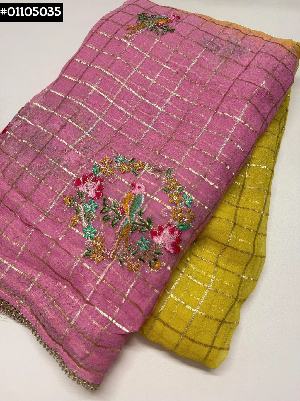 Soft Georgette Checkered Saree with Bird Embroidery