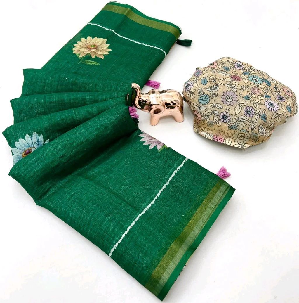 Floral Print Linen Blend Saree with Blouse Piece 1