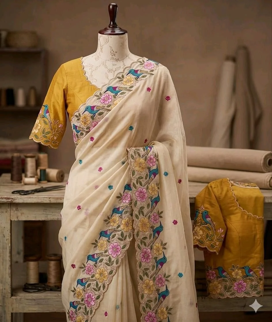 Cream Embroidered Saree with Bird and Floral Scalloped Border 1