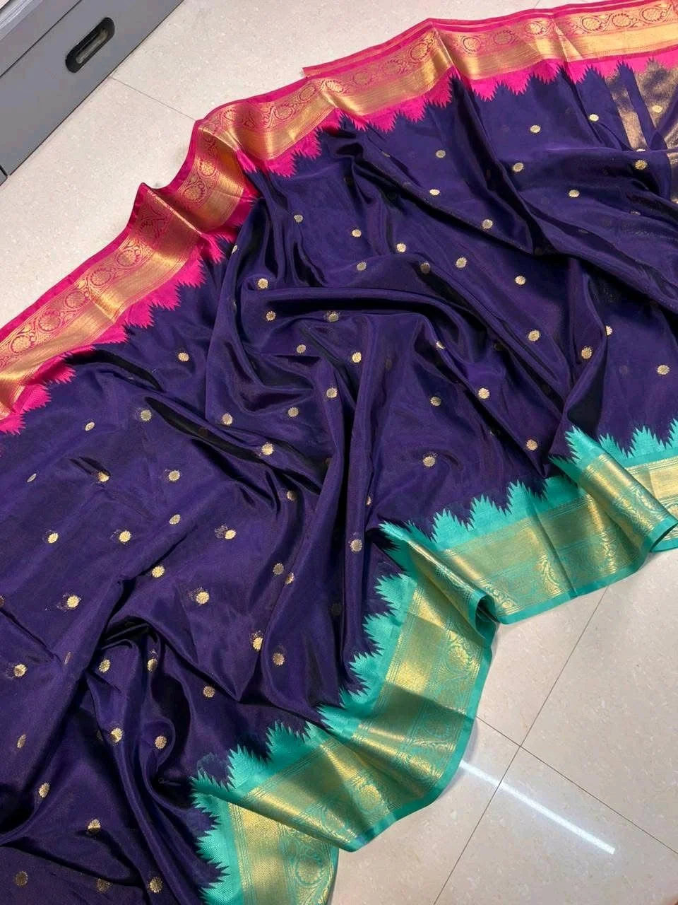 Katan Silk Purple Saree with Gold Zari Buttas and Dual Borders thumbnail 2