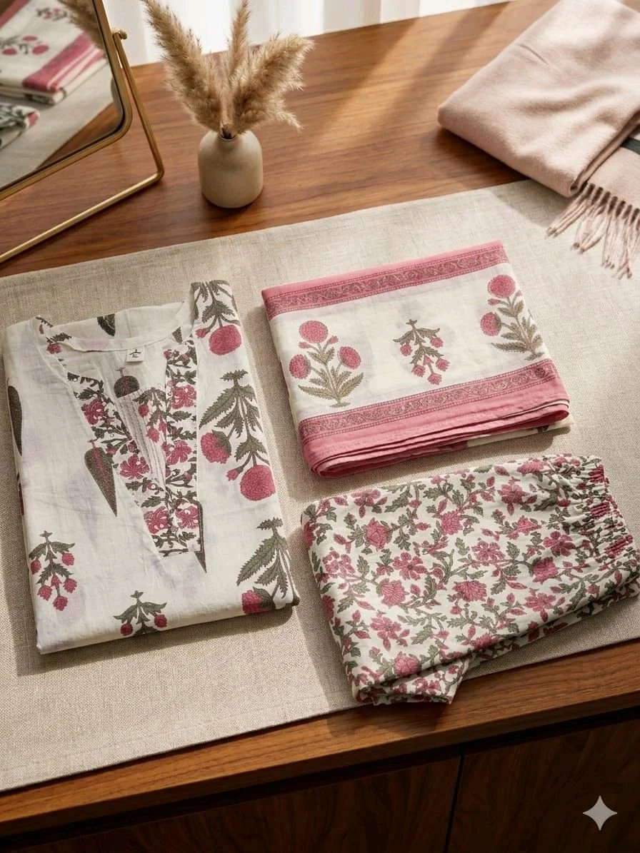 3-piece Floral Block Print Cotton Fabric Bundle Set thumbnail 1