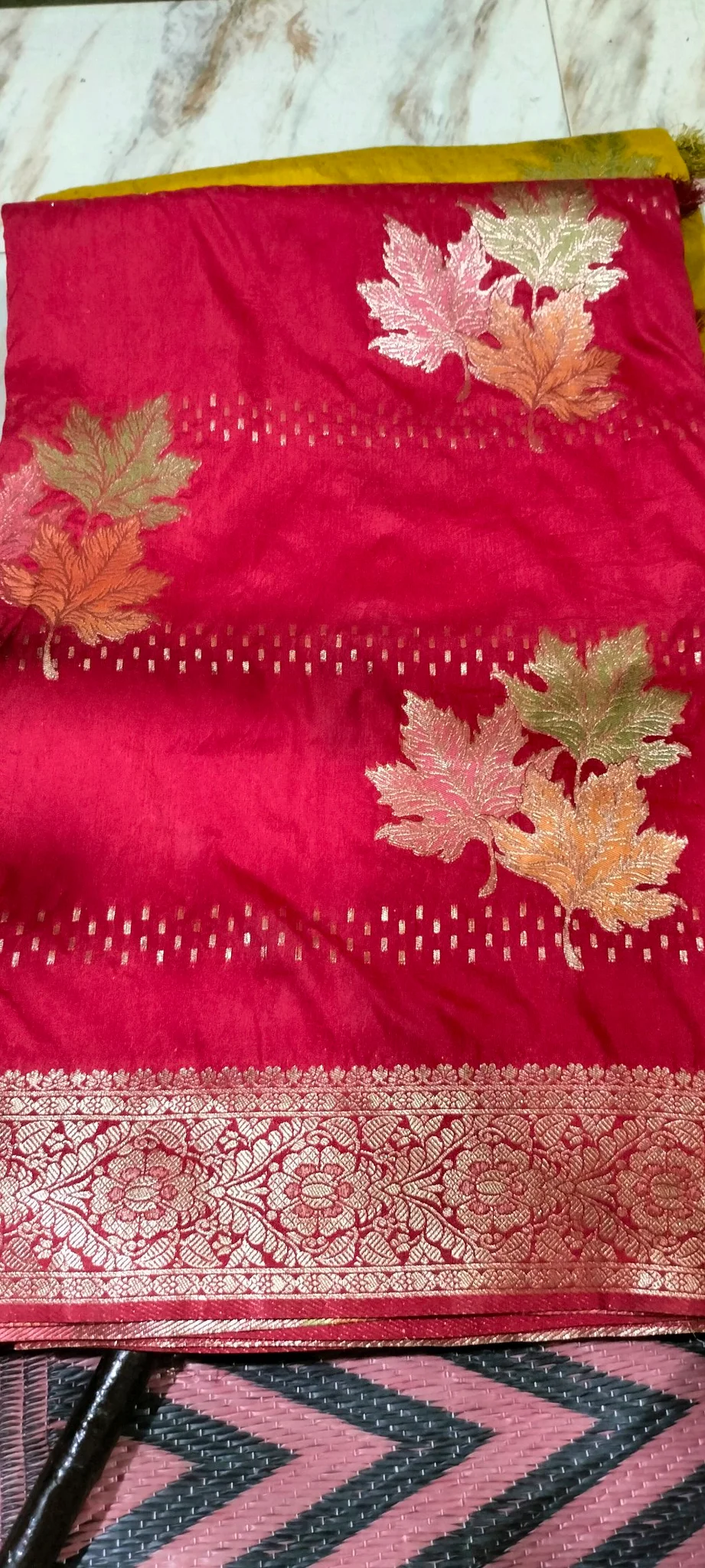 Red Silk Saree with Maple Leaf Zari Work and Intricate Border