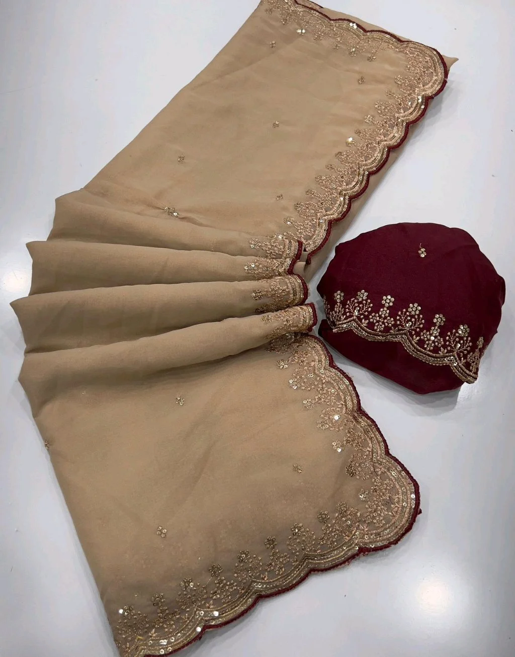 Georgette Saree with Gold Sequin Embroidery and Red Scalloped Border 3