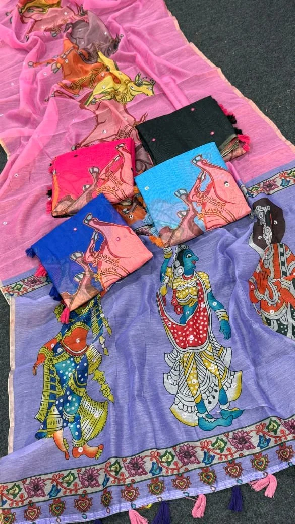Horse Print Mirror Work Saree with Tassels 4