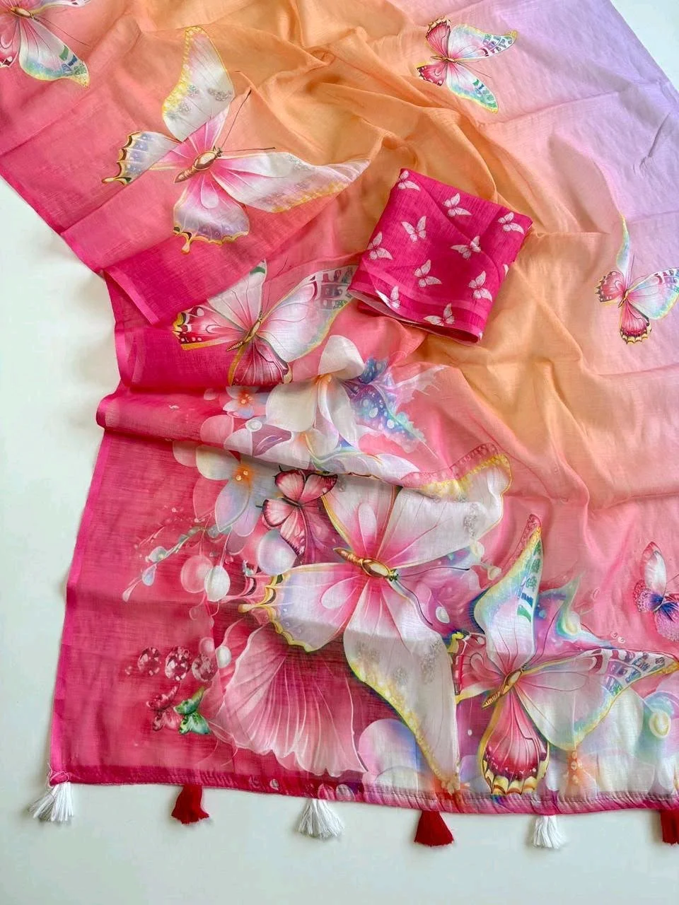 Soft Linen Blend Floral Butterfly Print Saree Collection thumbnail 6