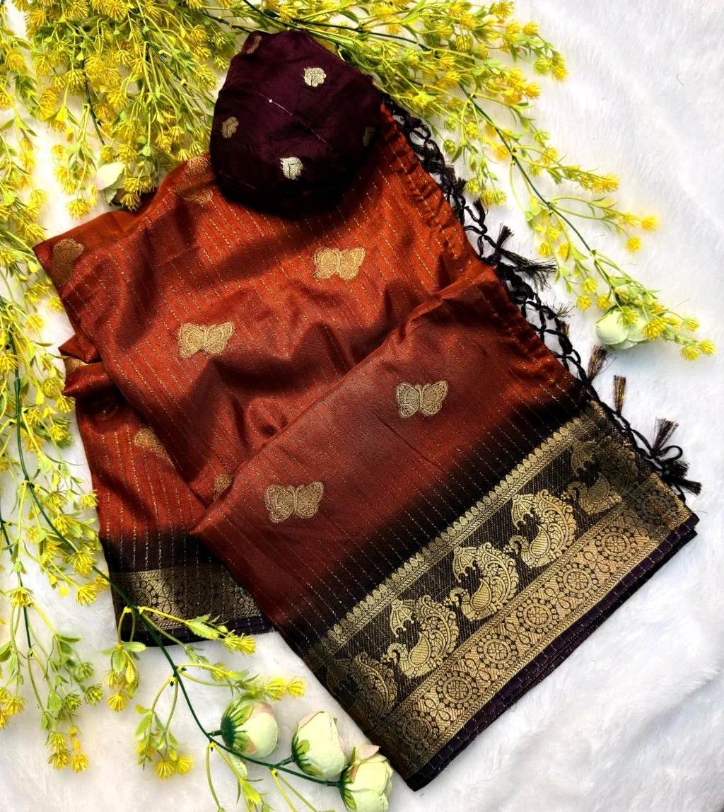 Ombre Silk Saree with Zari Butterfly Motifs and Peacock Border 2