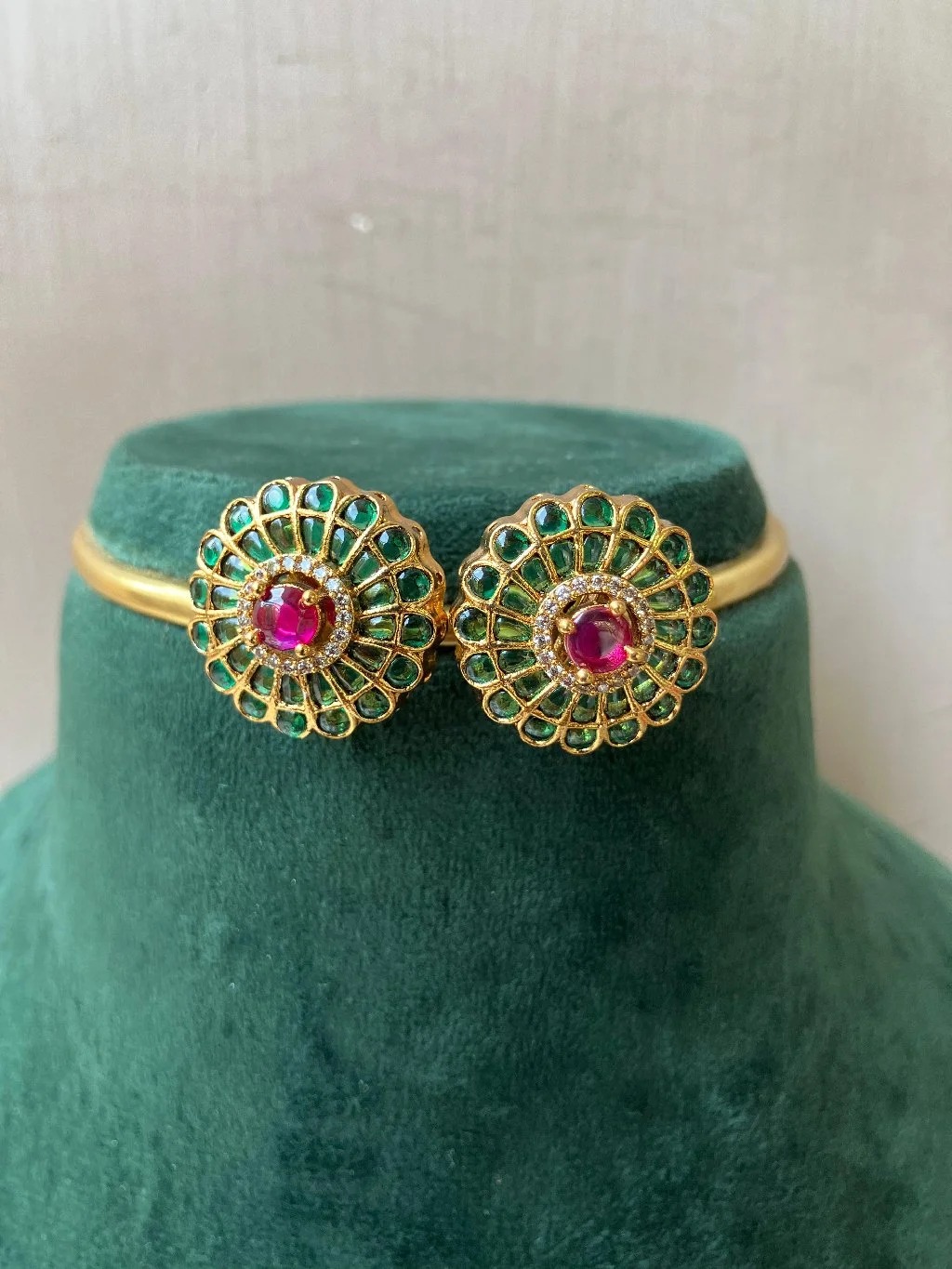 Gold Plated Ruby Emerald Floral Earrings thumbnail 1