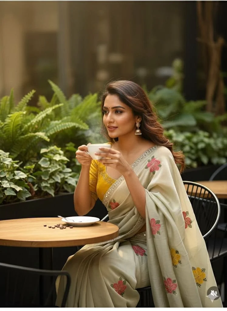 Light Grey Floral Embroidered Saree with Yellow Blouse thumbnail 1