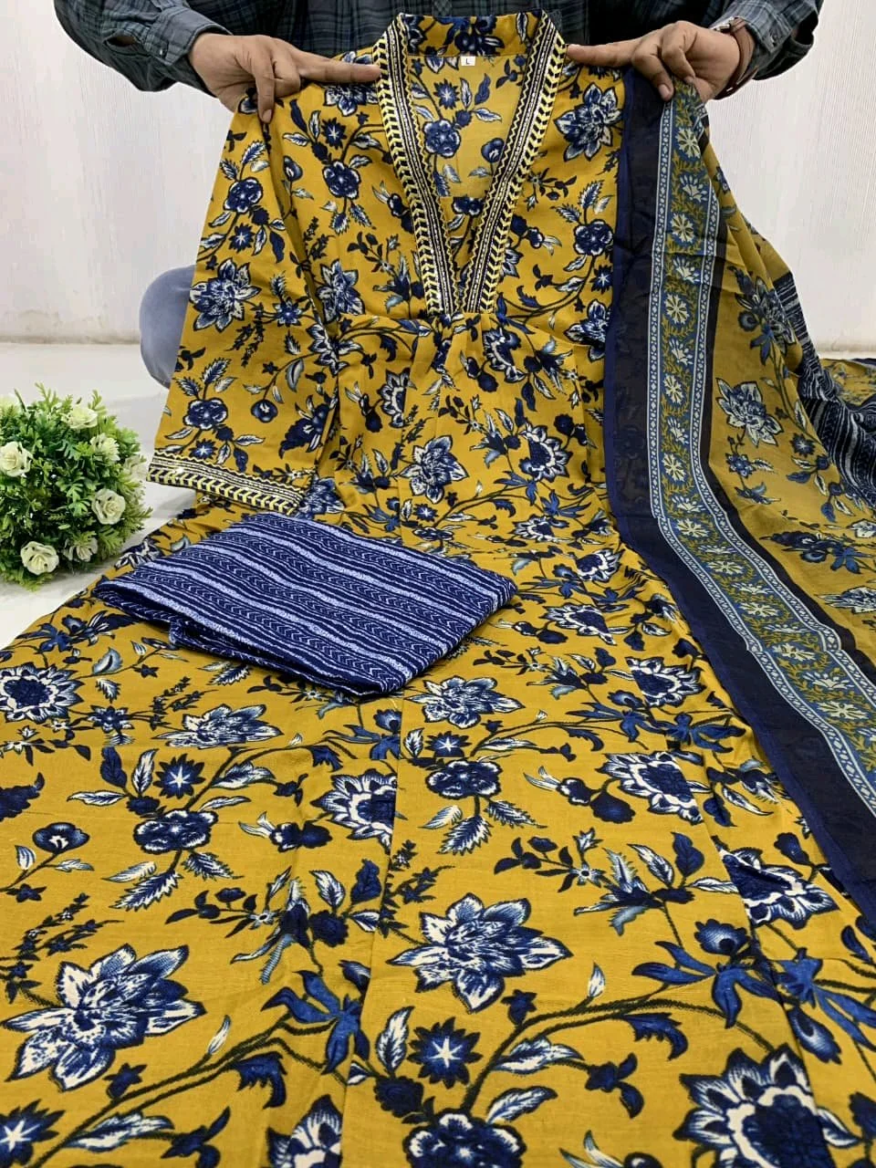 Mustard Yellow Floral Print Kurta Set with Dupatta 9