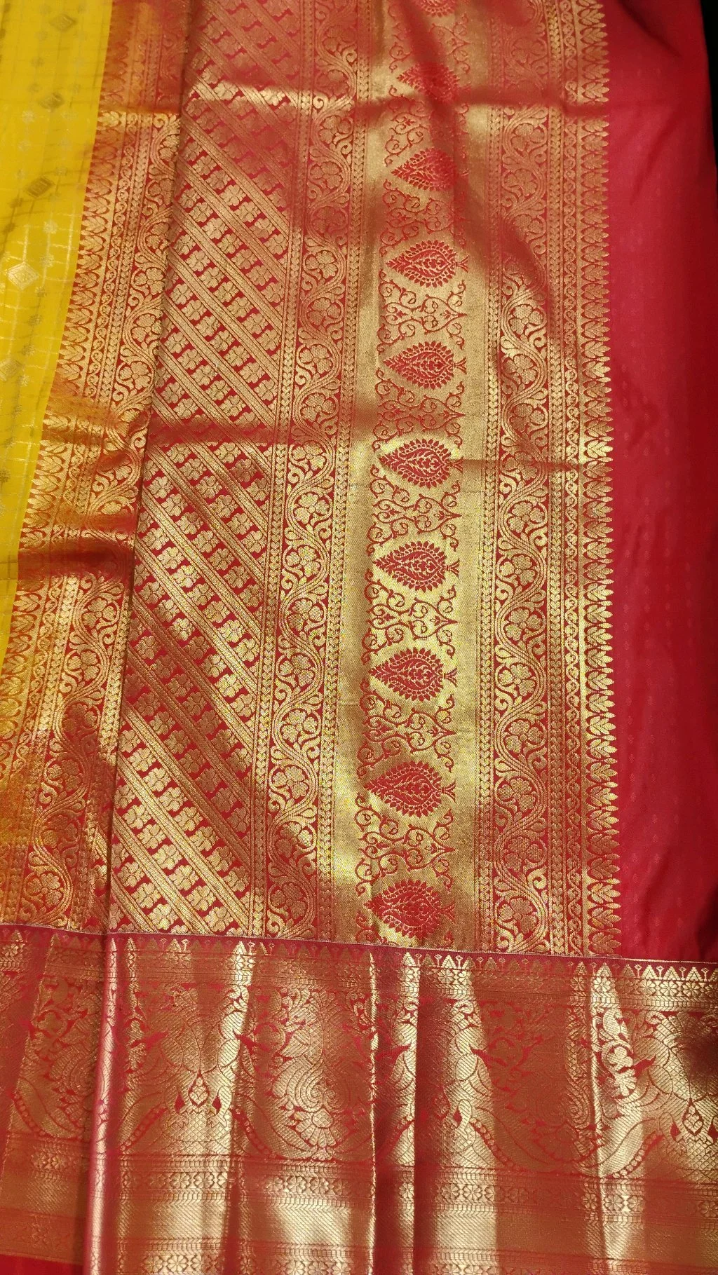 Pure Dharmavaram Yellow Saree with Red and Gold Zari Border thumbnail 5