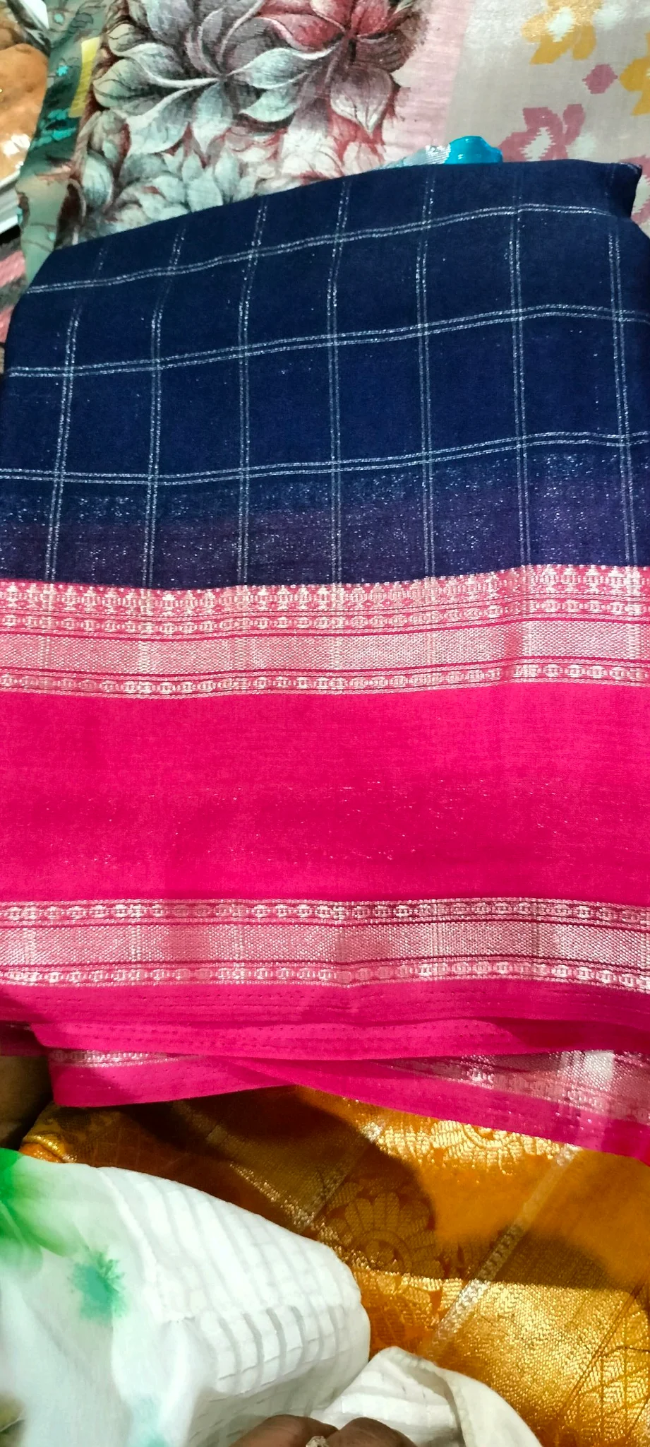 Blue and Pink Checkered Saree with Zari Border