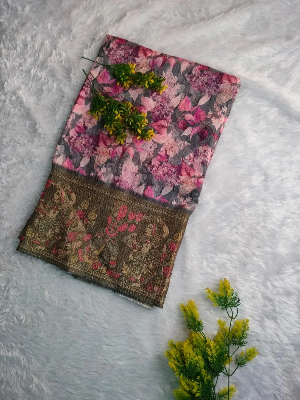 Pink and Grey Digital Floral Print Saree with Kalamkari Border