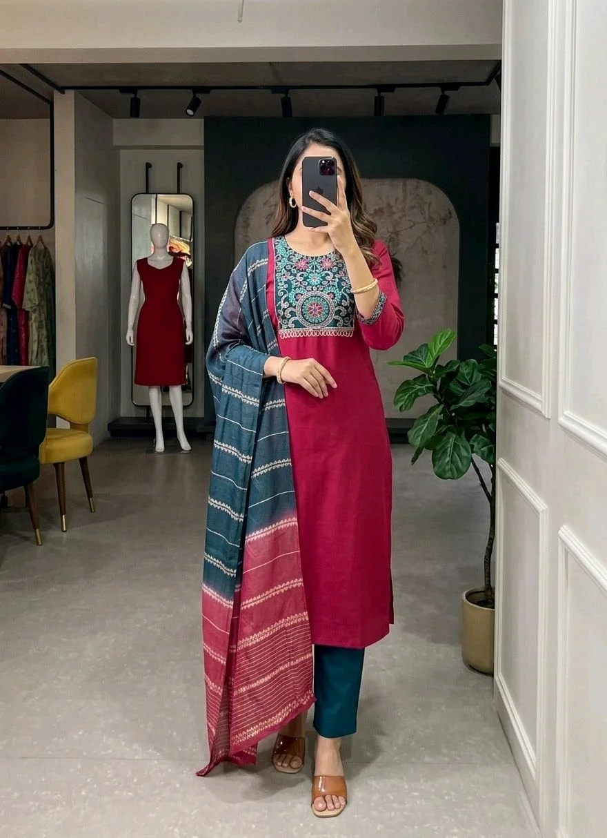 Embroidered Cotton Kurti Set with Dupatta Collection 6