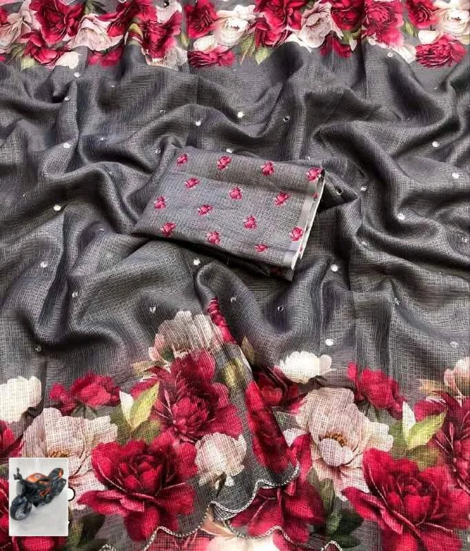 Soft Kota Floral Print Saree with Scalloped Border thumbnail 3
