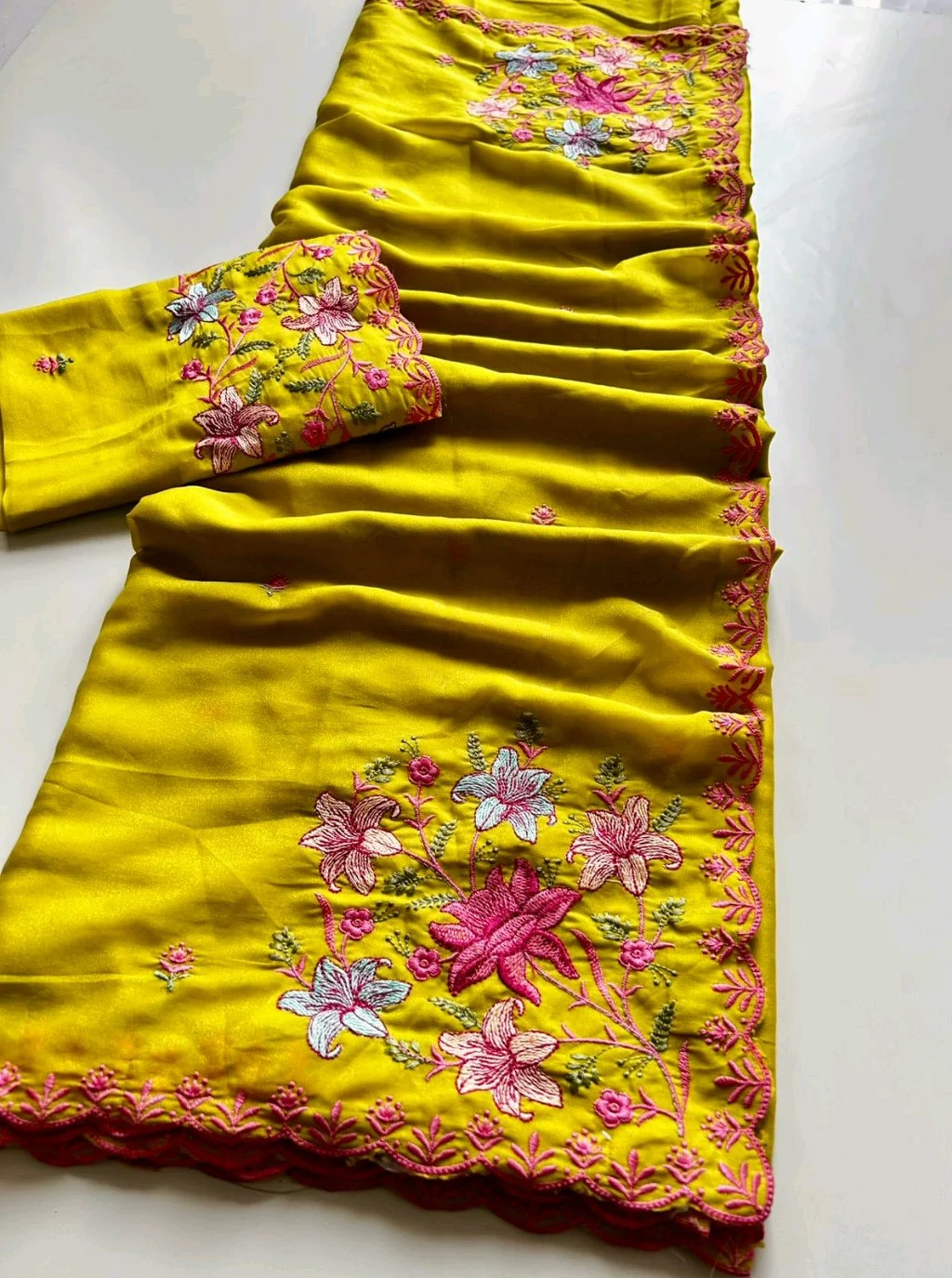 Yellow Embroidered Saree with Scalloped Border thumbnail 4