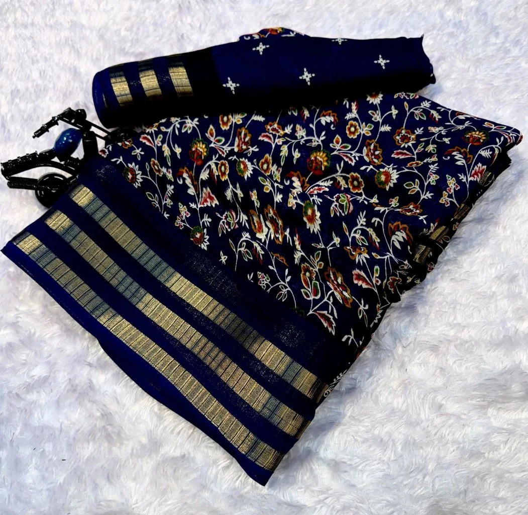 Teal Floral Print Saree with Zari Border thumbnail 8