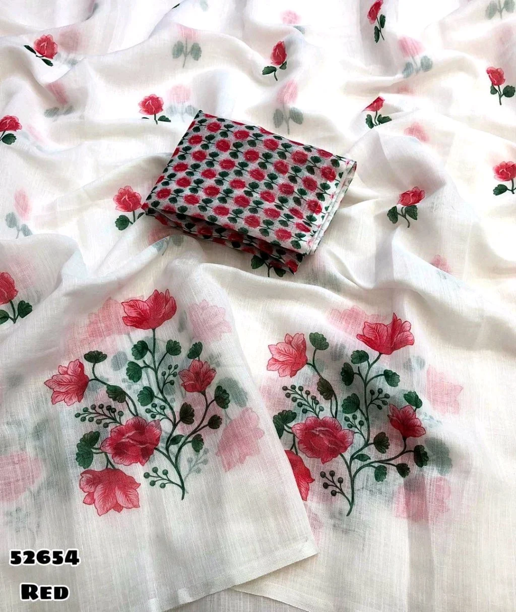 White Floral Printed Saree with Red Roses 2