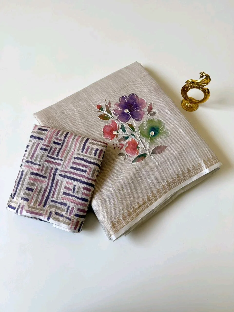 Light Beige Linen Blend Saree with Handpainted Floral Design and Geometric Blouse 4