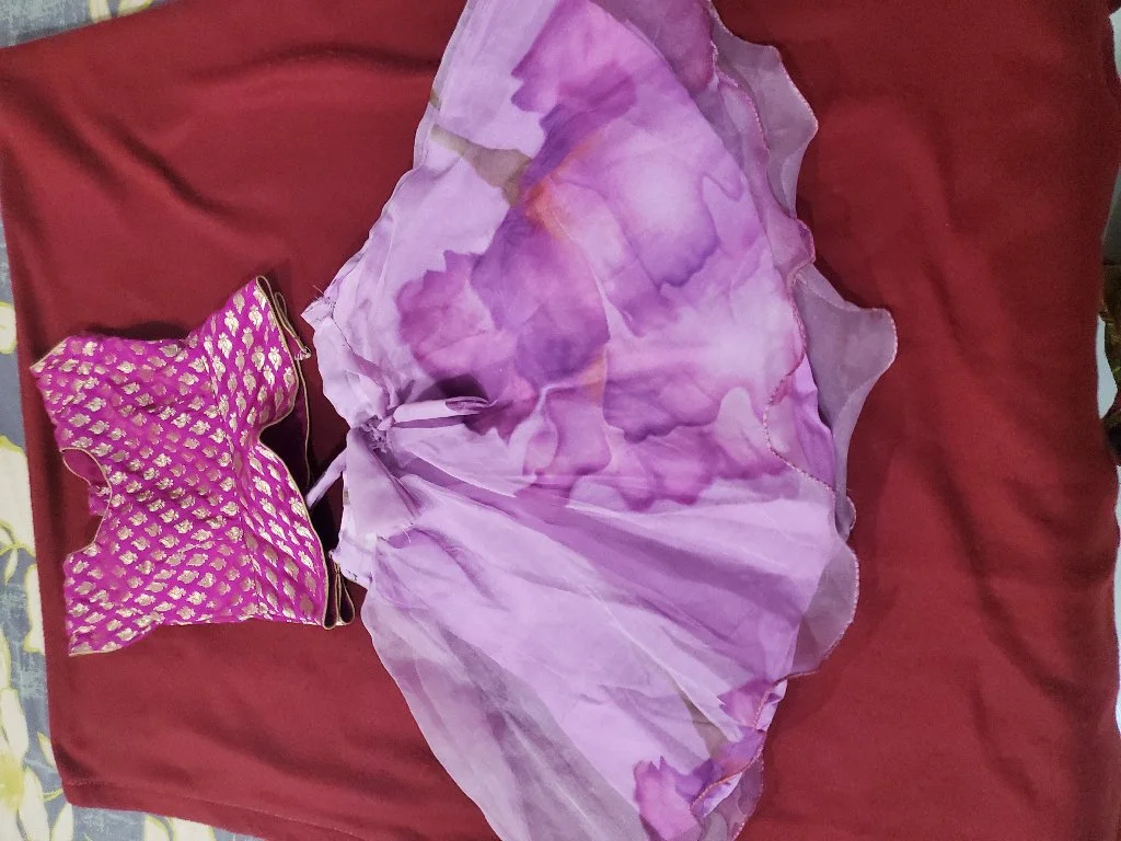 Purple Floral Organza Saree with Pink Zari Blouse 1