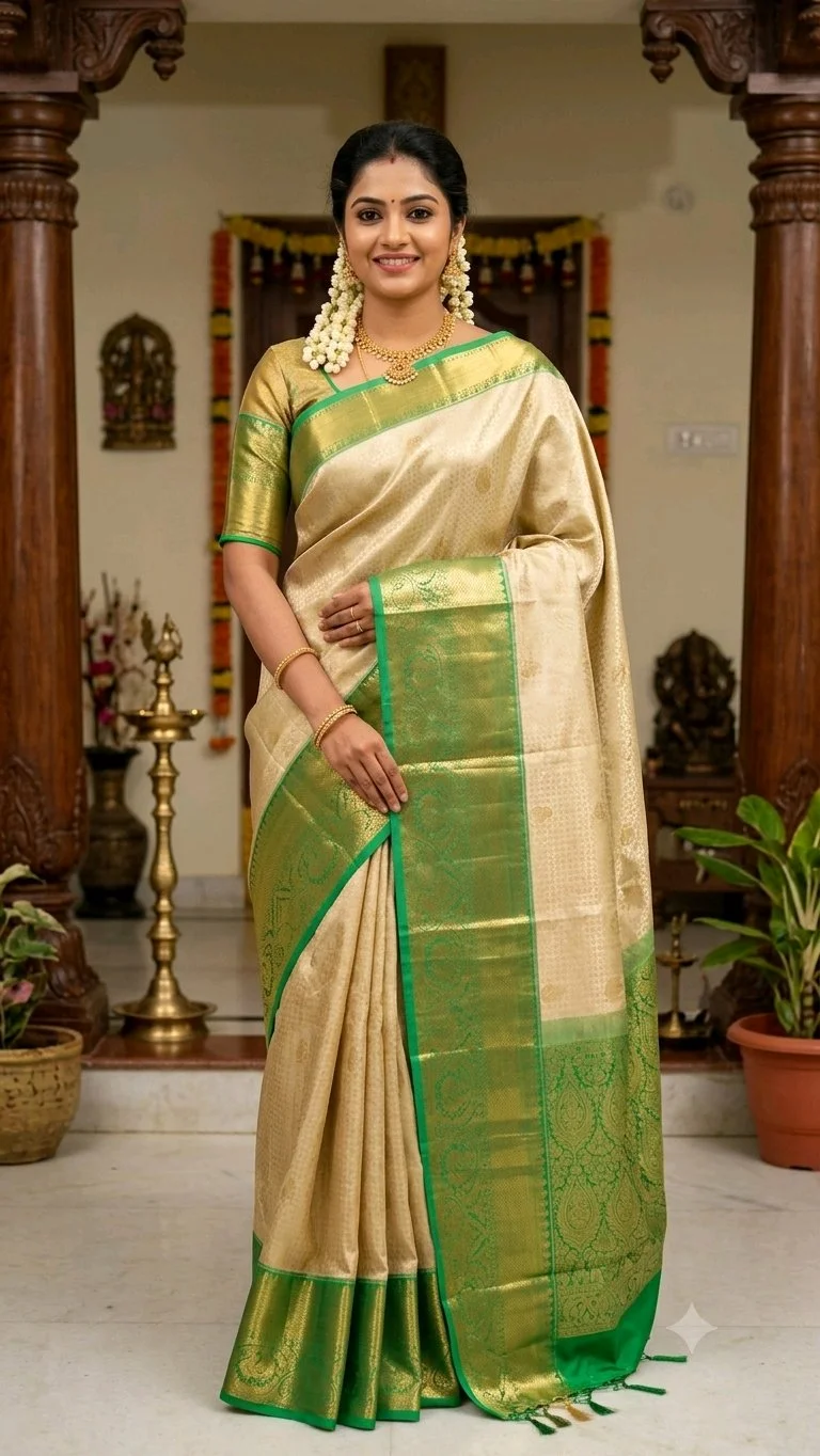 Dharmavaram Resham Pattu Cream Saree with Green and Gold Zari Border thumbnail 1