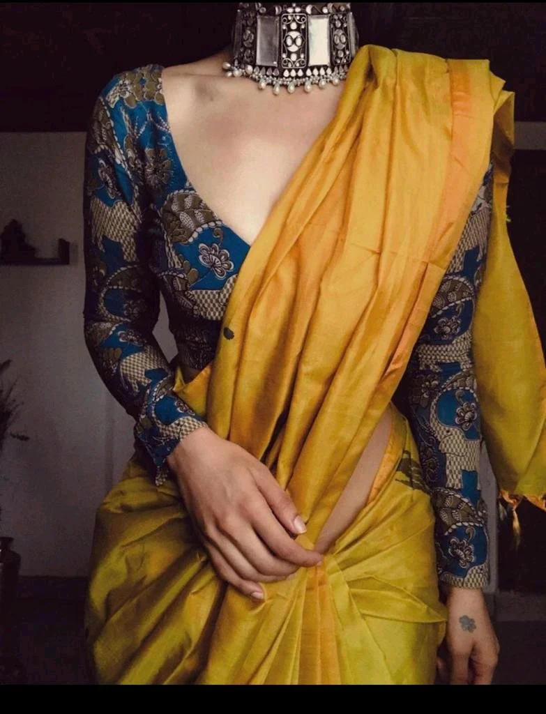Chanderi Cotton Saree Mustard Yellow Art Silk Saree with Blue Printed Full Sleeve Blouse