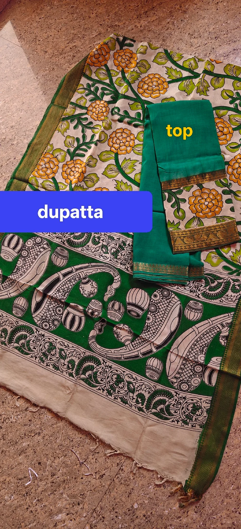 Green and Beige Kalamkari Handloom Dress Material Set 1