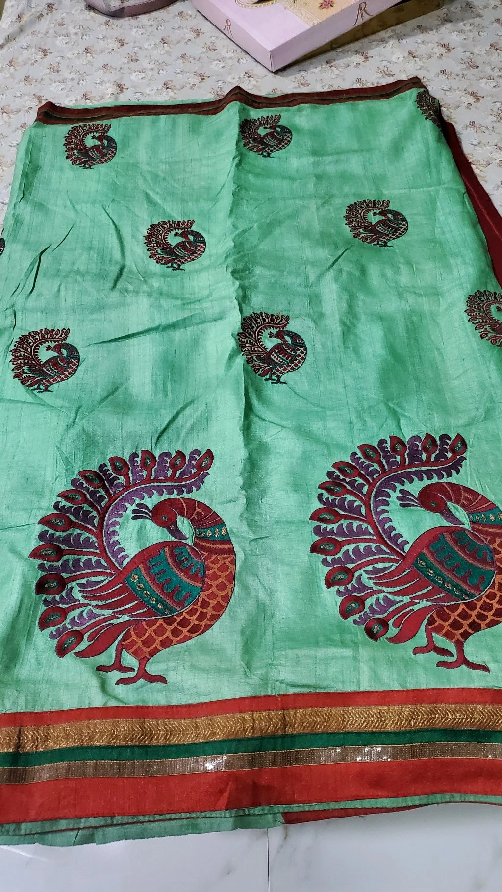 Light Green Tusser Silk Saree with Peacock  అప్లికేషన్ Motifs and  Fancy Border 3