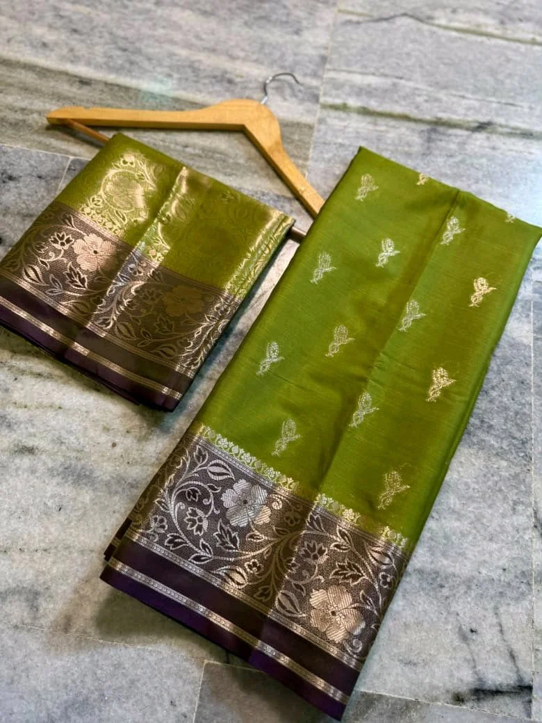 Olive Green Banarasi Katan  Silk Saree with Zari Floral Border 2