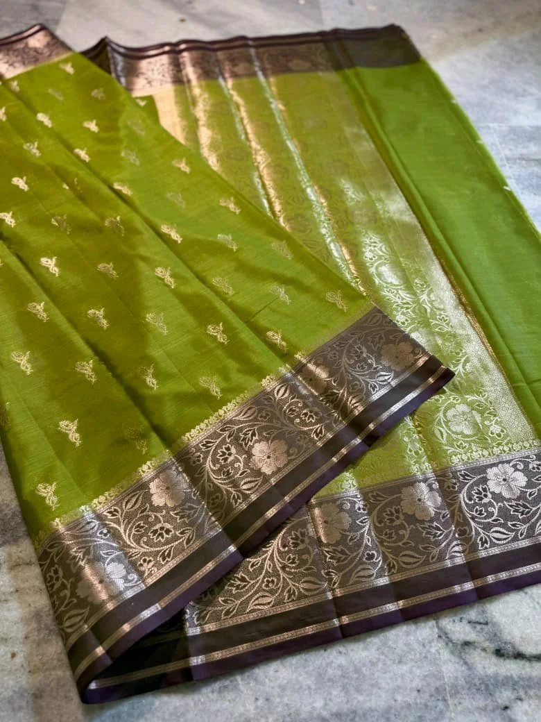 Olive Green Banarasi Katan  Silk Saree with Zari Floral Border 4