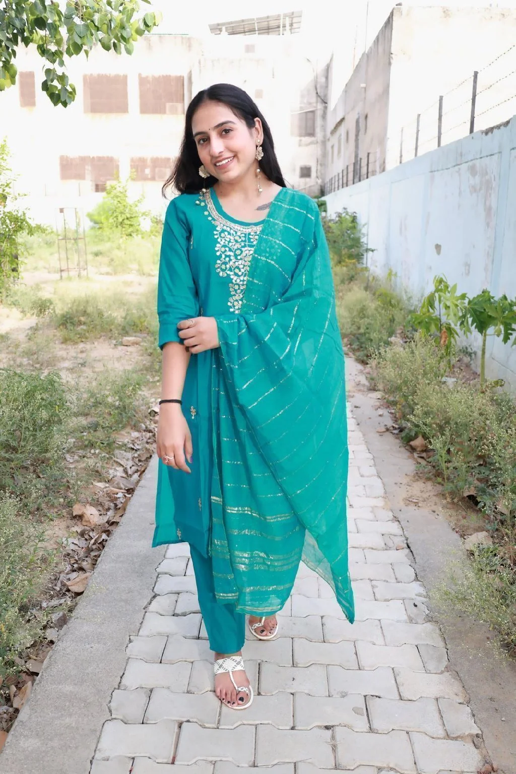 Teal Embroidered Kurta Set with Striped Dupatta