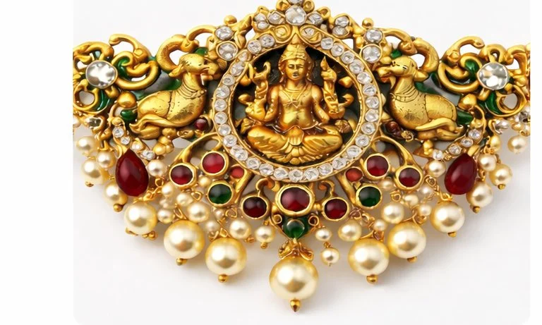 Gold Toned Temple Necklace with Lakshmi Deity and Pearl Drops thumbnail 1