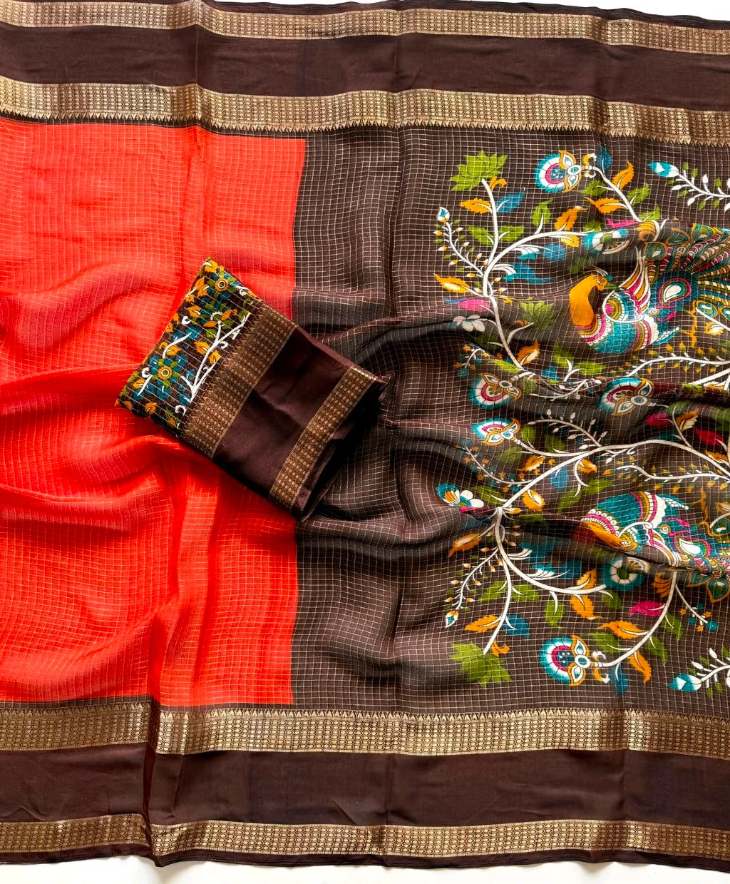 Orange Checked Cotton Blend Saree with Brown Zari Border and Floral Blouse thumbnail 3